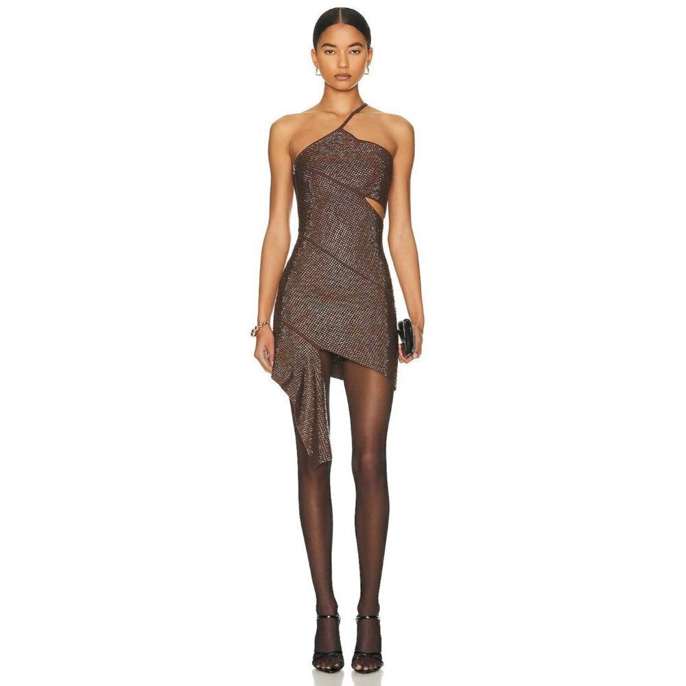ANDREADAMO Full Strass Mono Shoulder Mini Dress in Brown Large New Womens
